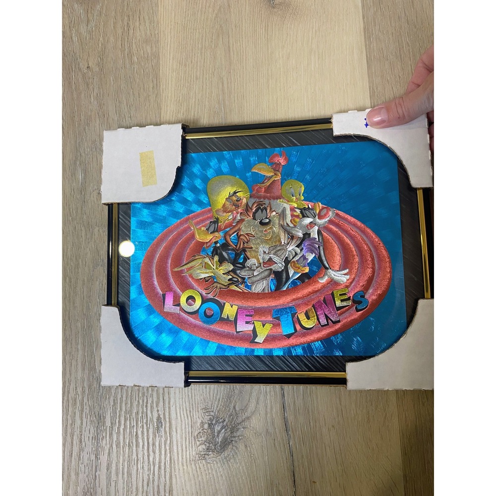 Vintage 90s Looney Tunes Framed Holographic Wall Art Warner Bros Characters